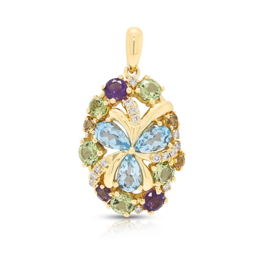 Vibrant 1.38ct Multi-Gem Floral Pendant in 18K Yellow Gold