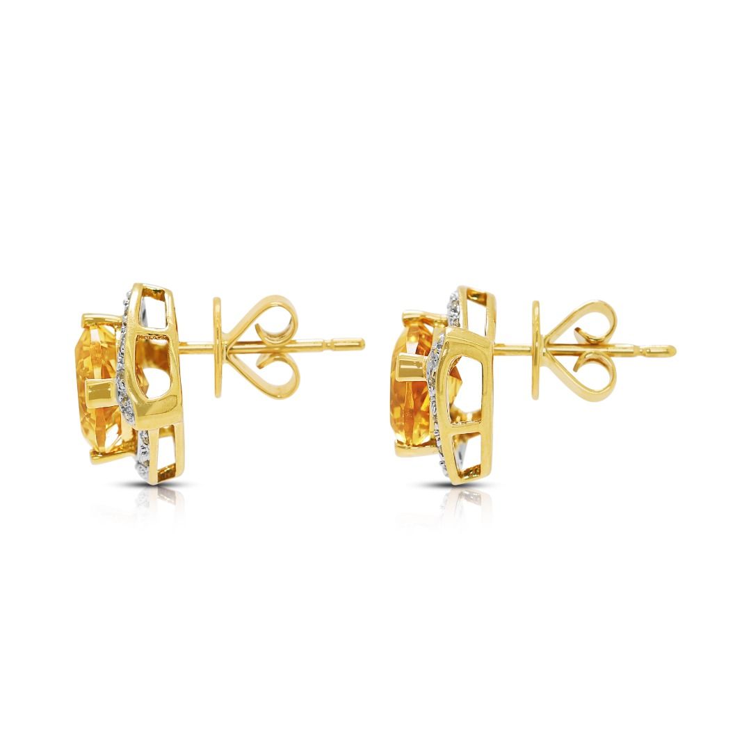 Vibrant 3.13ct Citrine & Diamond Stud Earrings in 18K Yellow Gold