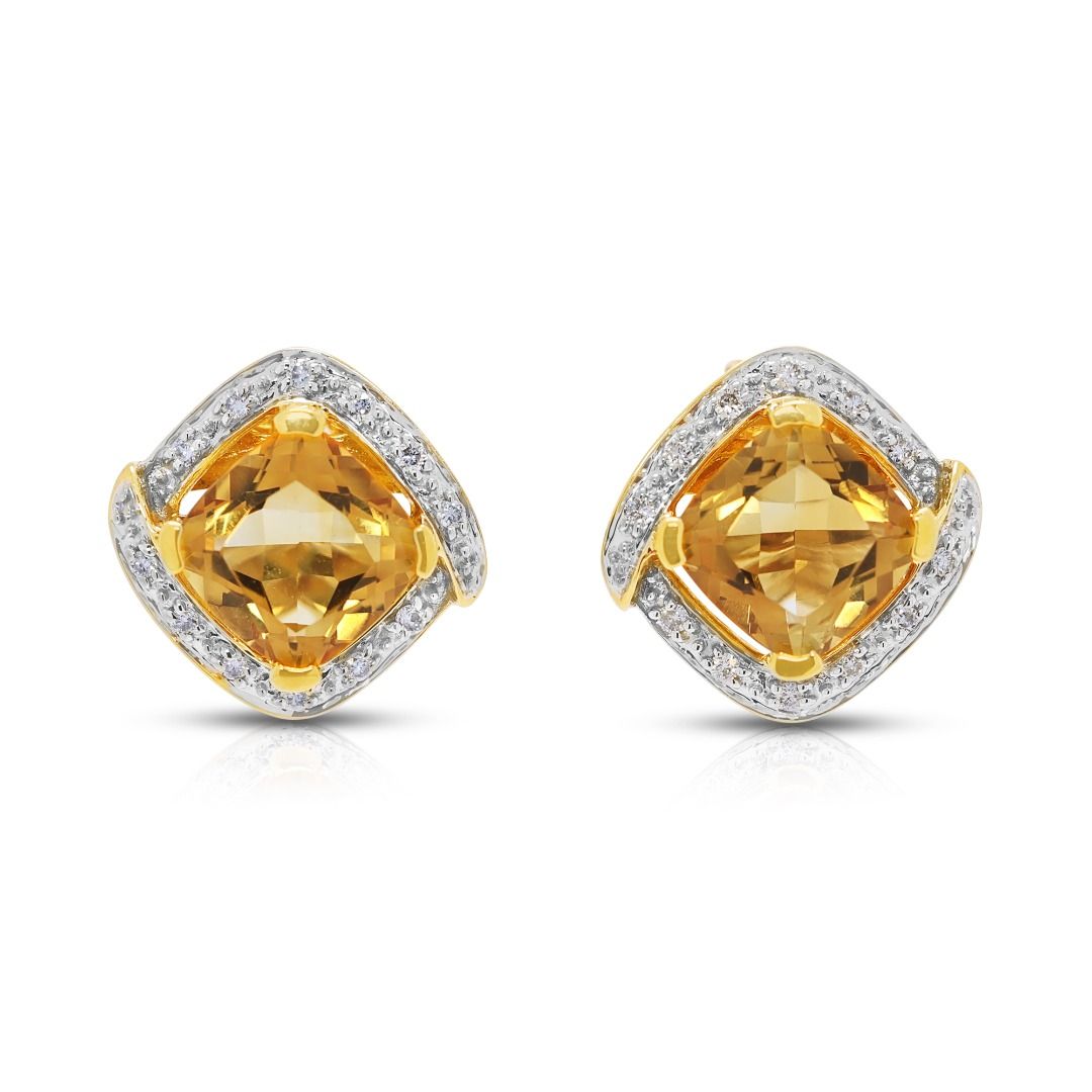 Vibrant 3.13ct Citrine & Diamond Stud Earrings in 18K Yellow Gold