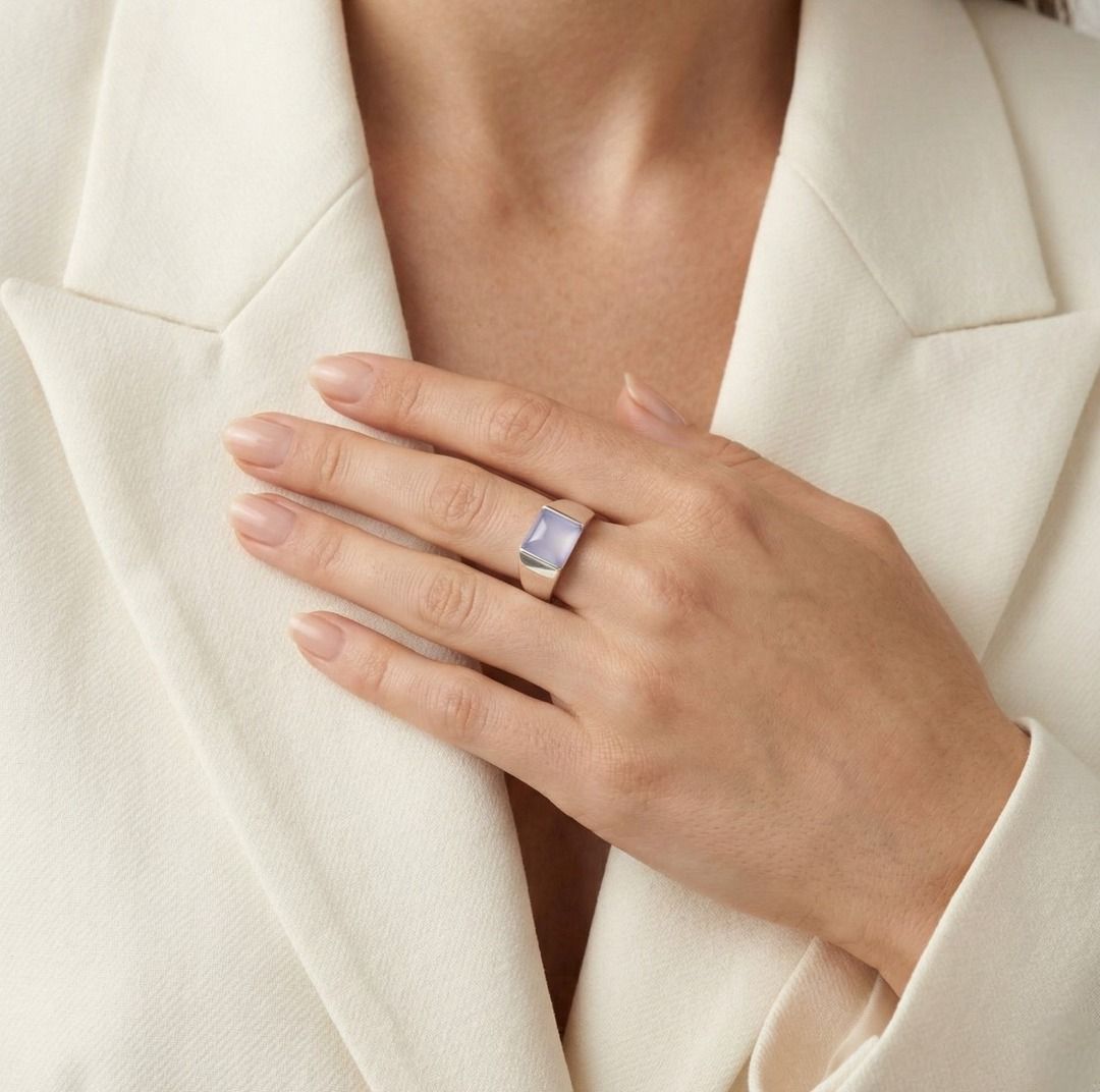 Vintage 8mm Cushion Chalcedony Ring in 18K White Gold