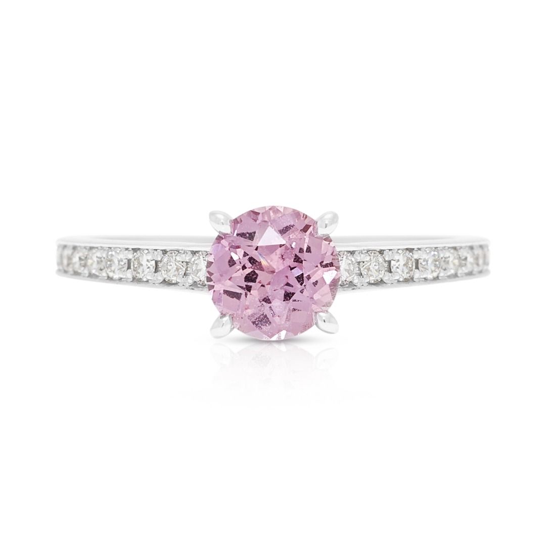 Vivid 0.74ct Padparadscha Sapphire & 0.18ct Diamond Pave Ring in 18K White Gold - GIA Certified