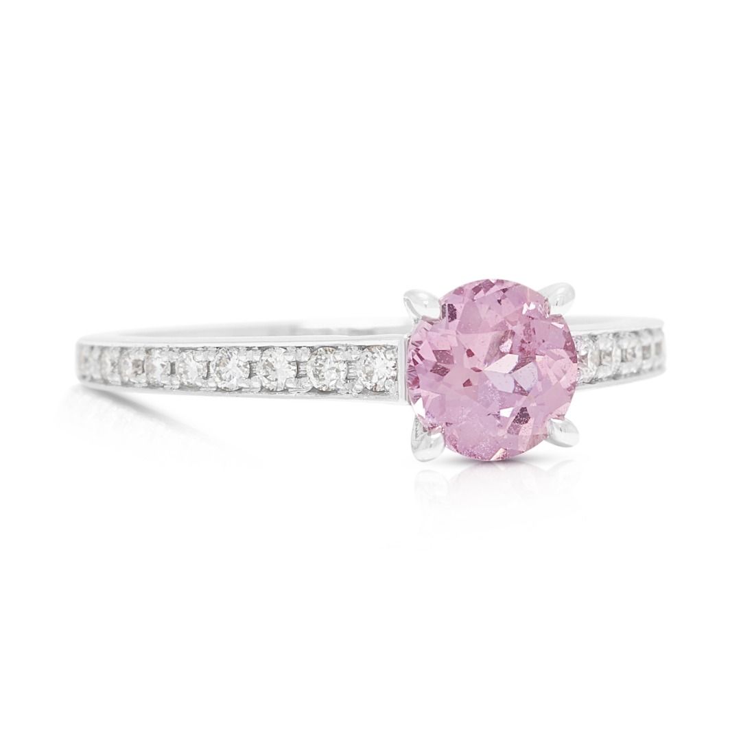 Vivid 0.74ct Padparadscha Sapphire & 0.18ct Diamond Pave Ring in 18K White Gold - GIA Certified