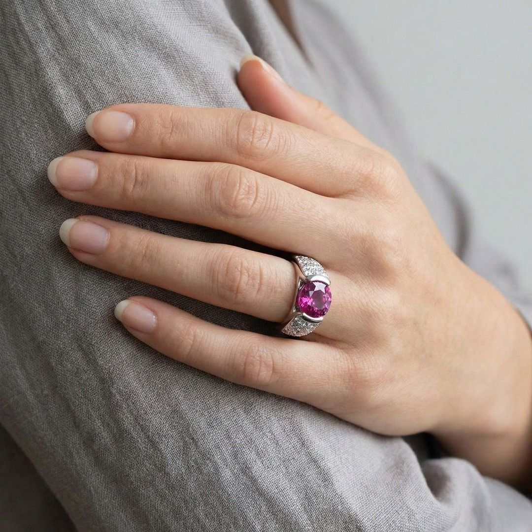 Vivid 1.33ct Pink Sapphire and Natural Diamond Statement Ring in 18K White Gold