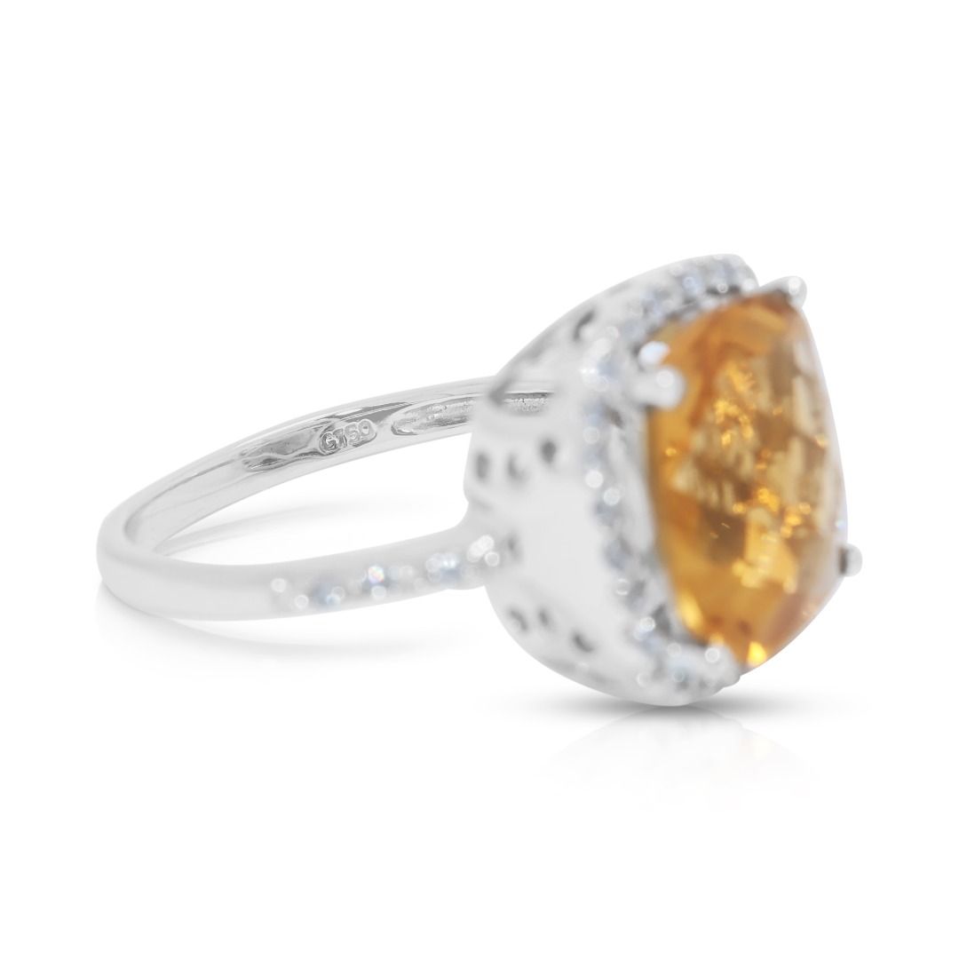 Vivid 5.24ct Citrine & Diamond Pave Halo Ring in 18K White Gold (New-Unworn)