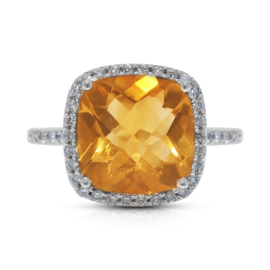 Vivid 5.24ct Citrine & Diamond Pave Halo Ring in 18K White Gold (New-Unworn)