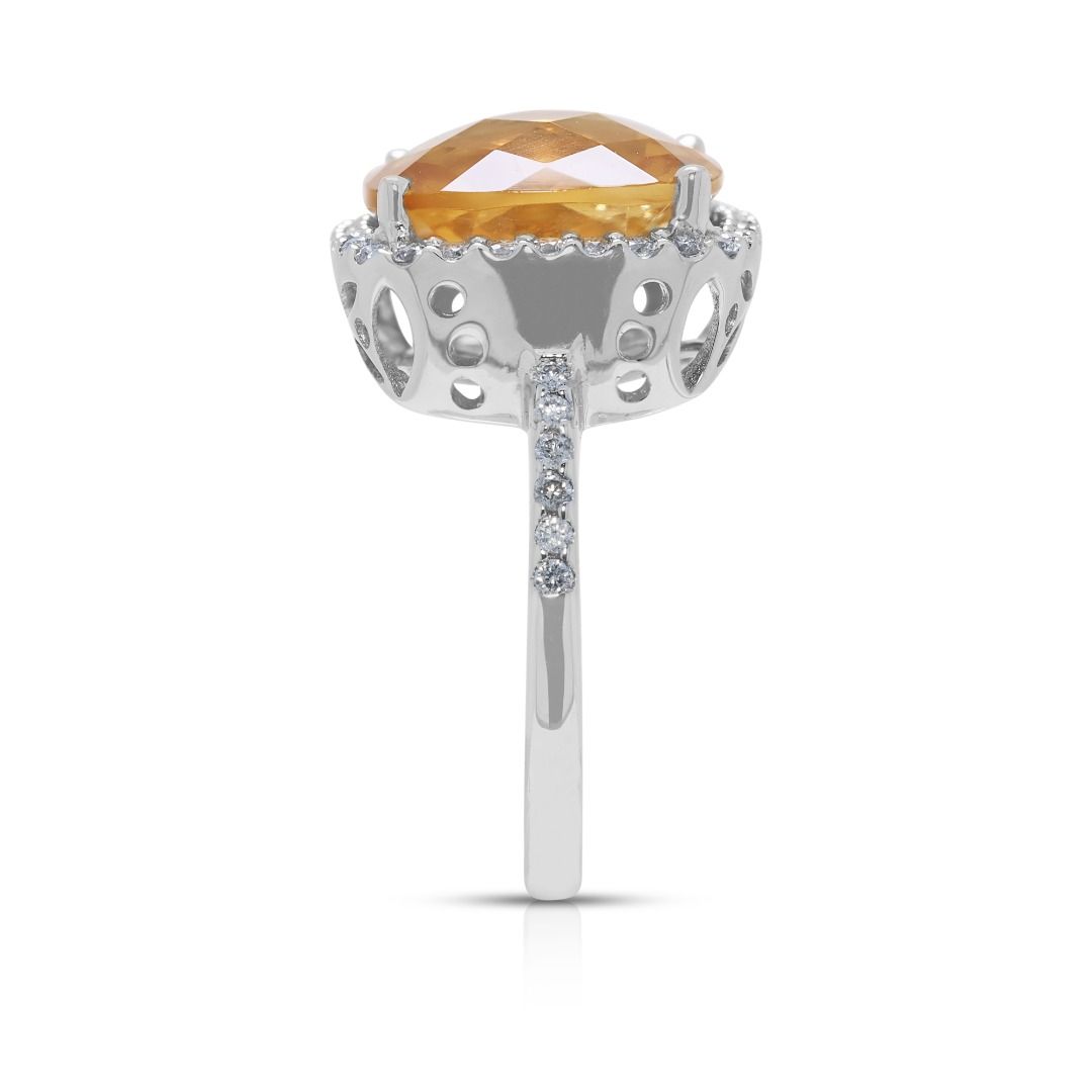 Vivid 5.24ct Citrine & Diamond Pave Halo Ring in 18K White Gold (New-Unworn)