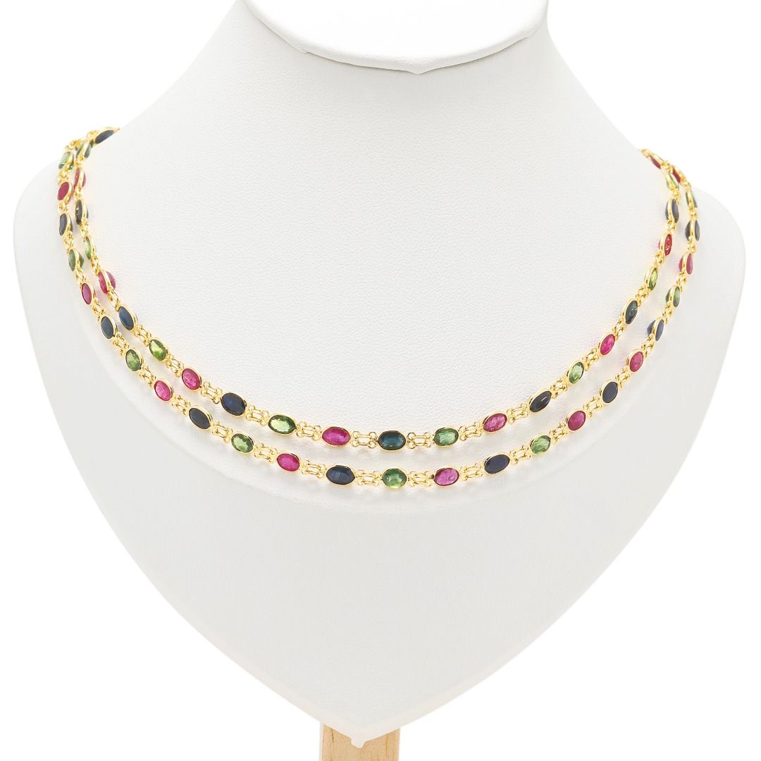 Vivid 5.5ct Rubies set with 10.08ct Blue and Green Sapphires Necklace in 18K Yellow Gold