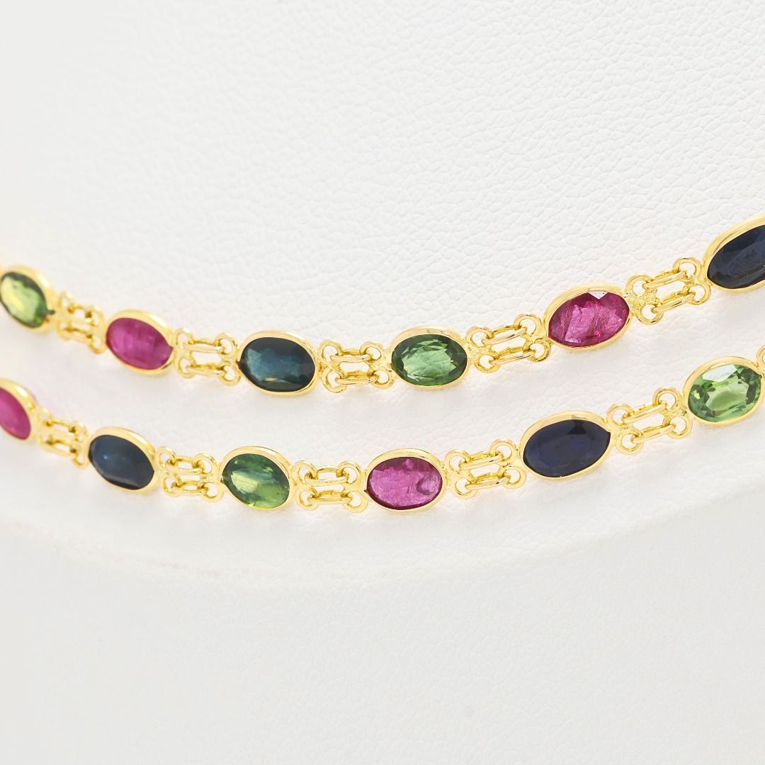 Vivid 5.5ct Rubies set with 10.08ct Blue and Green Sapphires Necklace in 18K Yellow Gold