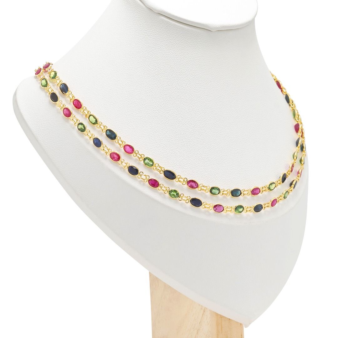 Vivid 5.5ct Rubies set with 10.08ct Blue and Green Sapphires Necklace in 18K Yellow Gold