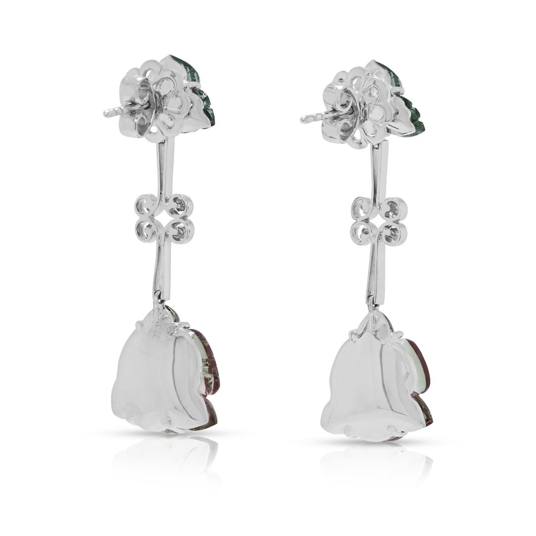 Whimsical 0.16ct Diamond & Watermelon Tourmaline Earrings in 18K White Gold