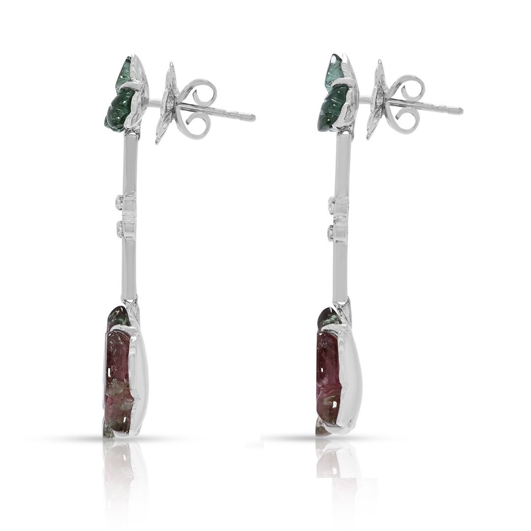 Whimsical 0.16ct Diamond & Watermelon Tourmaline Earrings in 18K White Gold