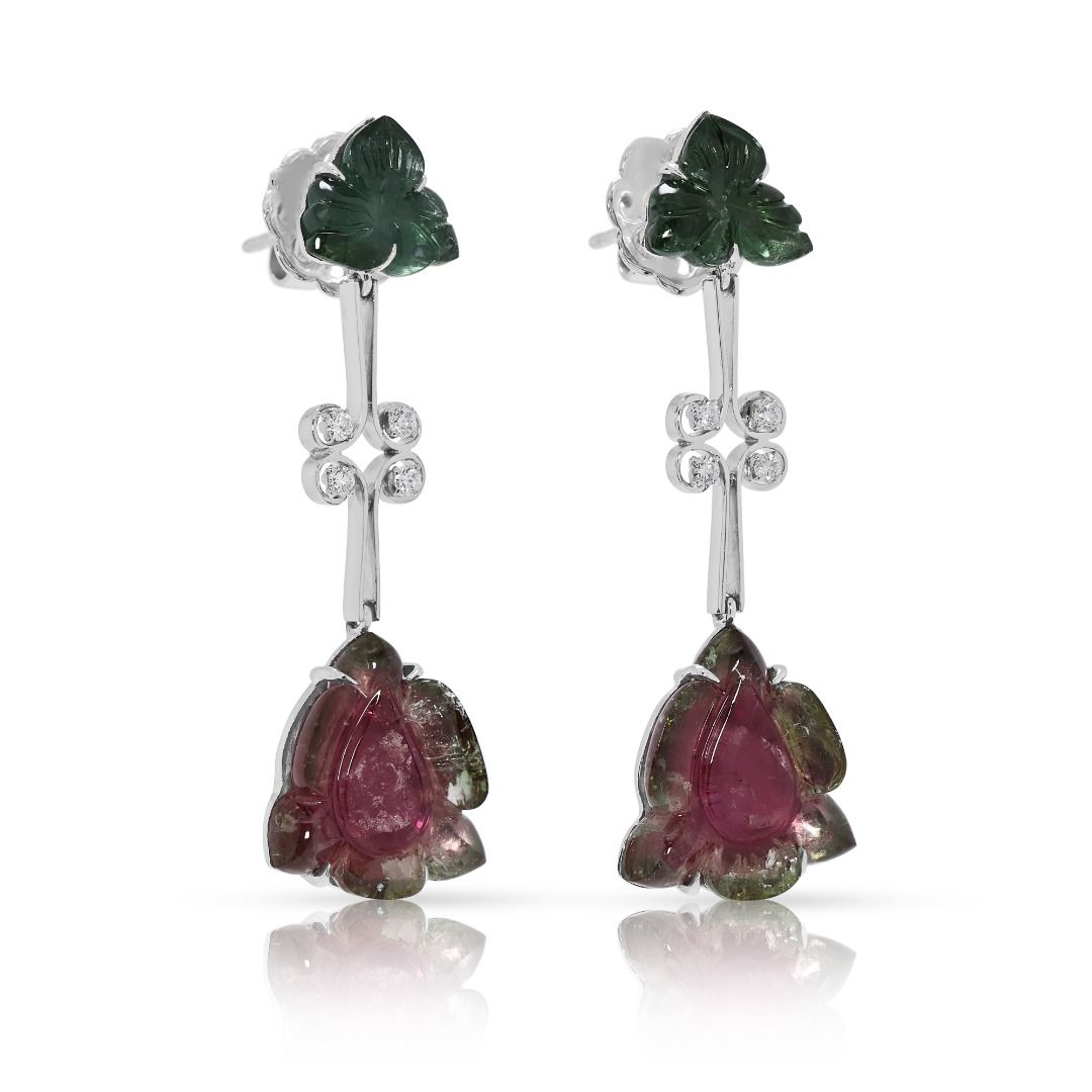 Whimsical 0.16ct Diamond & Watermelon Tourmaline Earrings in 18K White Gold