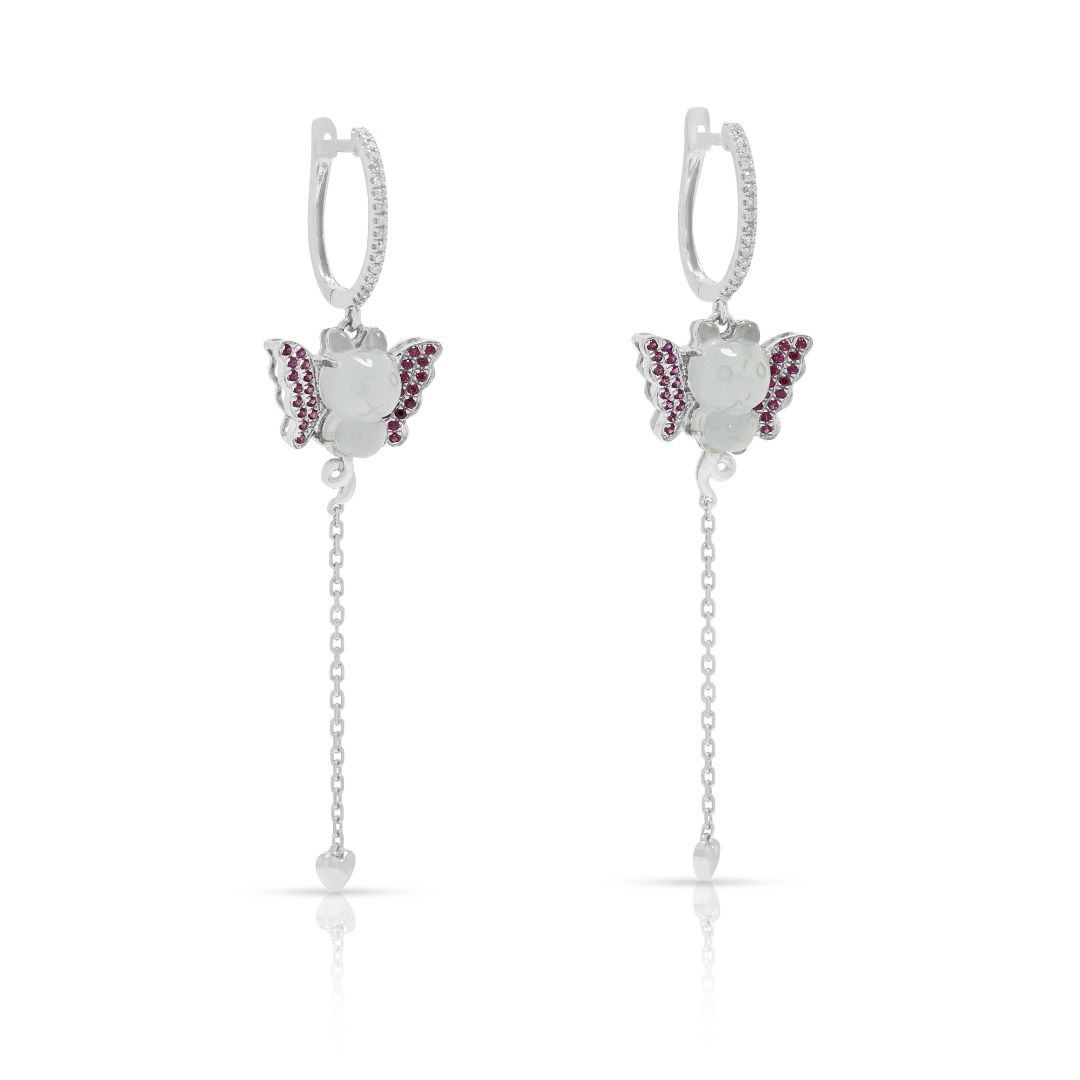 Whimsical 0.24ct Diamond, Jade & Sapphire Dangling Earrings in 18K White Gold