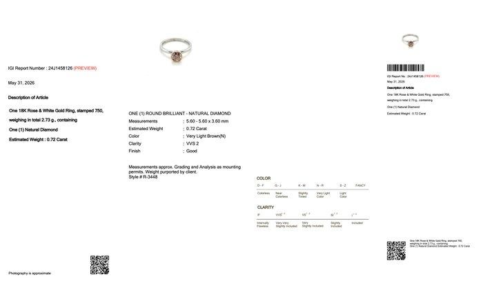 0.72 Carat IGI Certified Natural Diamond 18K Rose And White Gold Solitaire Ring