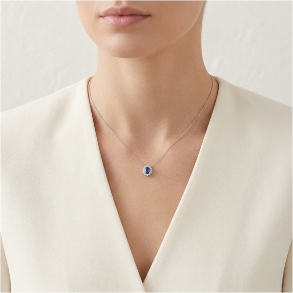 Elegant 0.70ct Sapphire & Diamond Halo Pendant in 18K White Gold