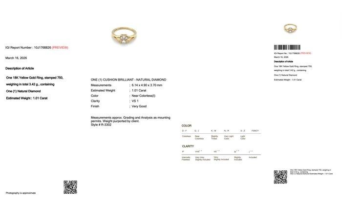 1.01 Carat IGI Certified 18K Yellow Gold Solitaire Ring