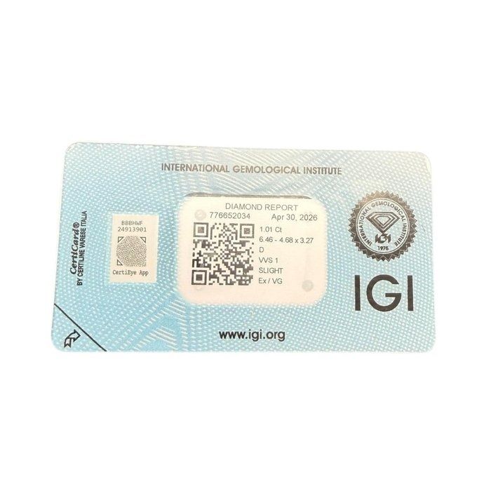 1.01 Carat IGI Certified Natural Diamond Emerald Cut
