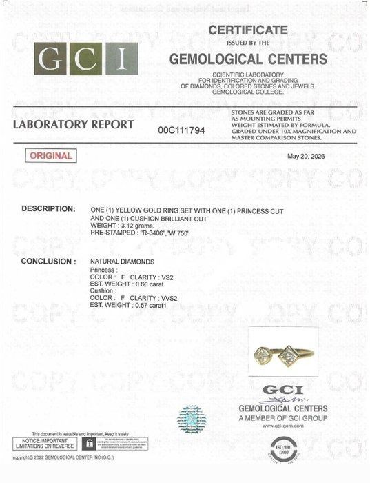 1.17 Carats GCI Certified Natural Diamond 18K Yellow Gold 2-Stone Ring