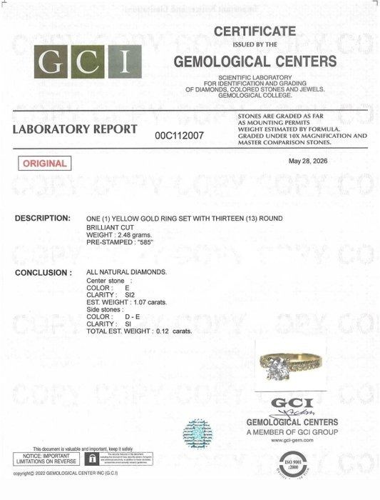 1.19 Carats GCI Certified Natural Diamond 14k Yellow Gold Pave Ring
