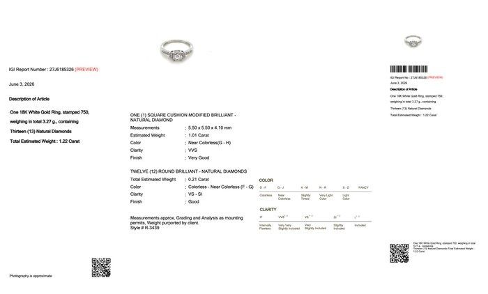 1.22 Carats IGI Certified Natural Diamond 18K White Gold Pave Ring