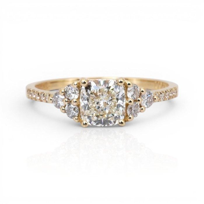 1.30 Carats GCI Certified Natural Diamond 18K Yellow Gold Pave Ring
