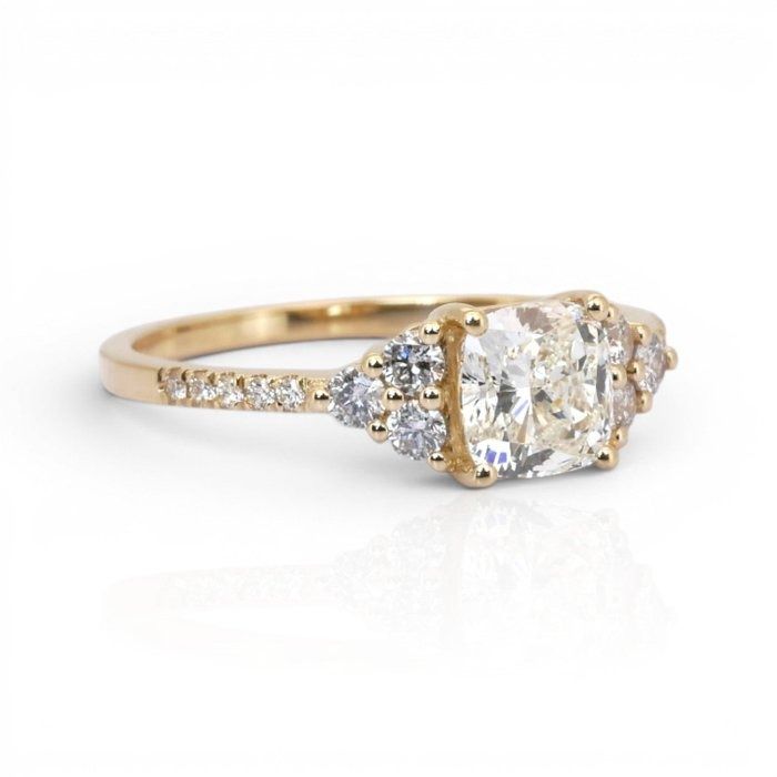 1.30 Carats GCI Certified Natural Diamond 18K Yellow Gold Pave Ring