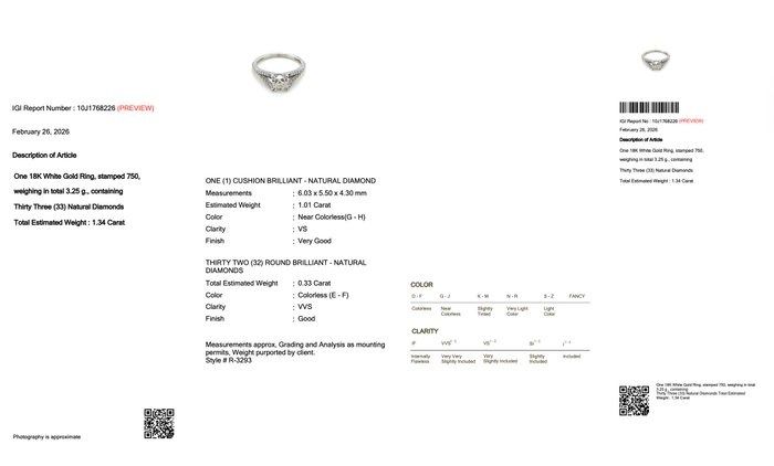 1.34 Carat IGI Certified 18K White Gold Ring
