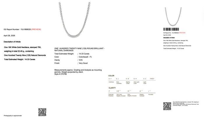14.33 Carats IGI Certified Natural Diamond 18K White Gold Necklace