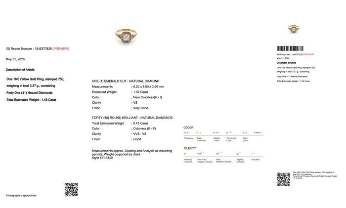 1.43 Carats IGI Certified Natural Diamond 18k Yellow Gold Halo Ring
