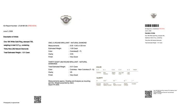 1.51 Carats IGI Certified Natural Diamond 18K White Gold Halo Ring