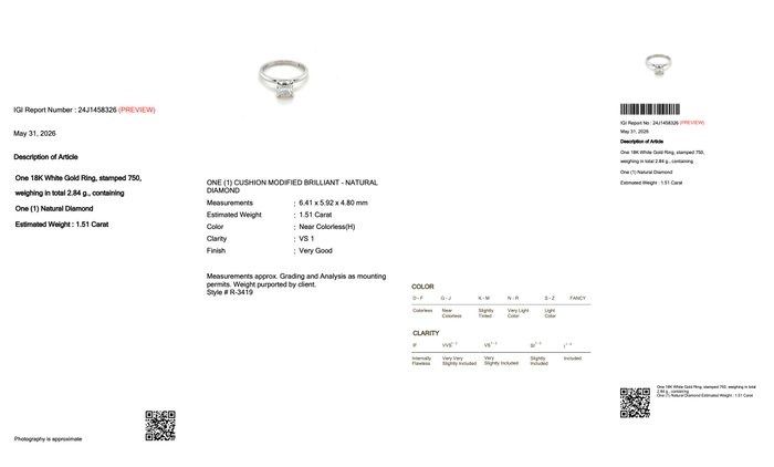 1.51 Carats IGI Certified Natural Diamond 18K White Gold Solitaire Ring