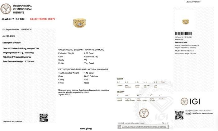 1.72 Carat IGI Certified Natural Diamond 18K Yellow Gold Cocktail Ring