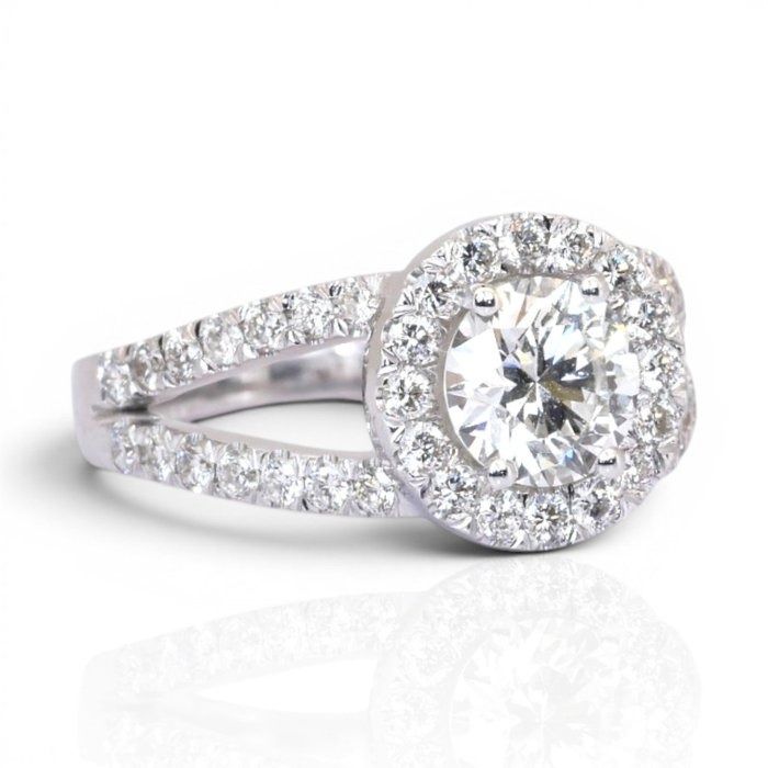 1.76 Carats IGI Certified Natural Diamond 18K White Gold Halo Ring