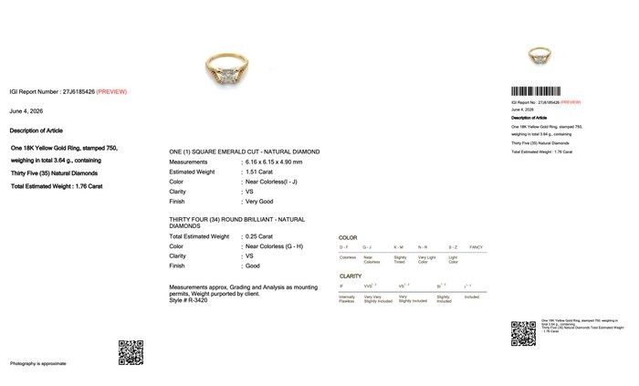 1.76 Carats IGI Certified Natural Diamond 18K Yellow Gold Pave Ring