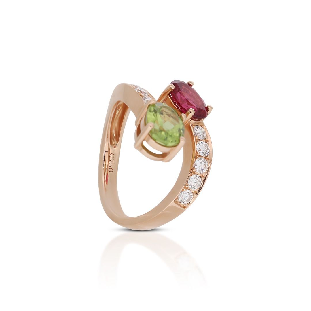 Gorgeous 2 carat and 38 points Peridot Tourmaline & Natural Diamond Open Ring in 18k Rose Gold
