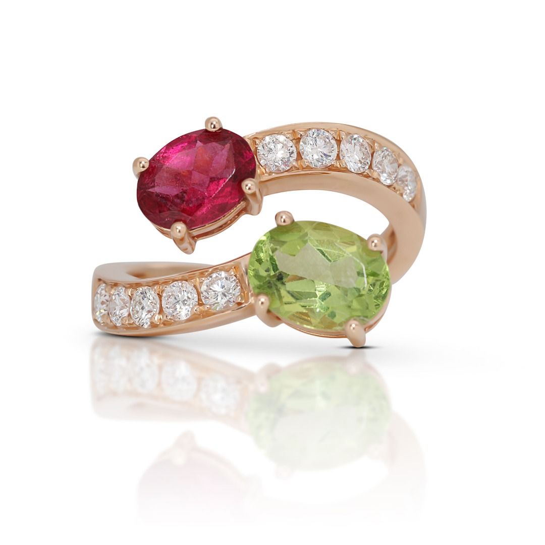Gorgeous 2 carat and 38 points Peridot Tourmaline & Natural Diamond Open Ring in 18k Rose Gold