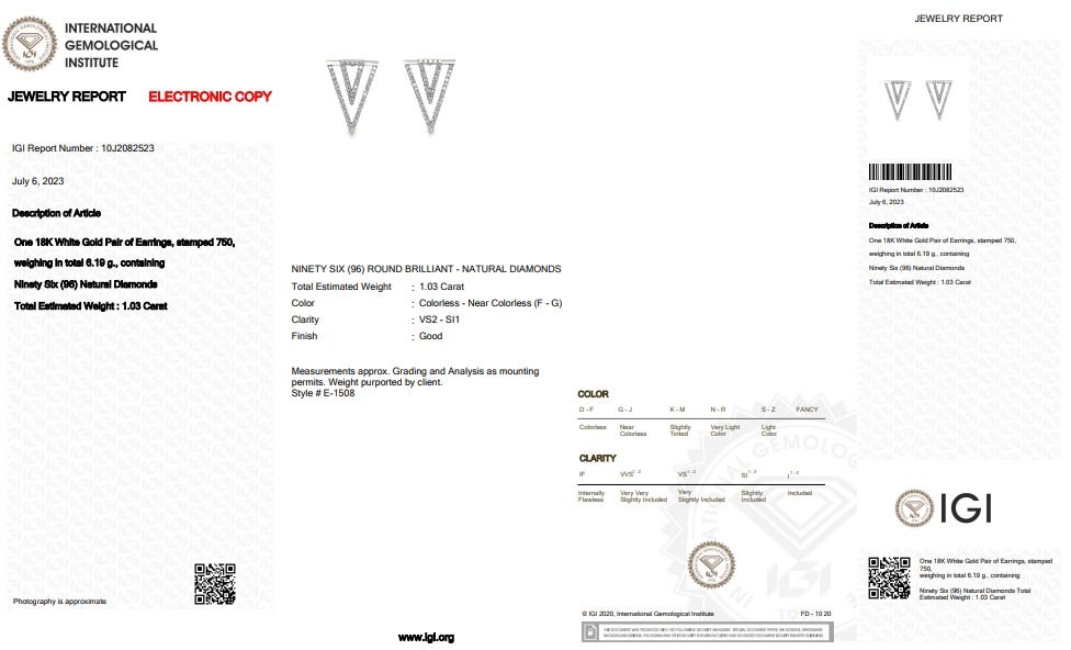 Elegant Pair of 1 carat and 3 points Natural Diamond Intricate Earrings in 18K White Gold - IGI Certificate