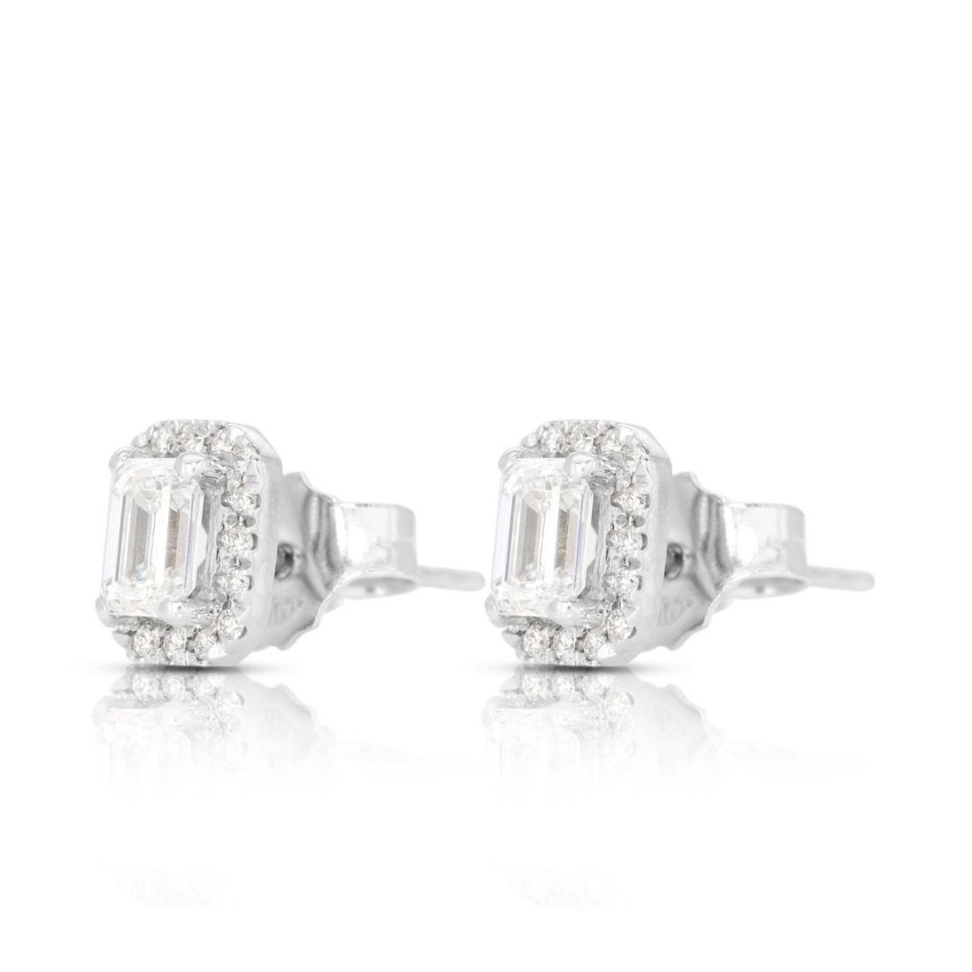 18K White Gold Stud Earrings with 0.93ct Emerald Cut Diamonds - GIA Certificate
