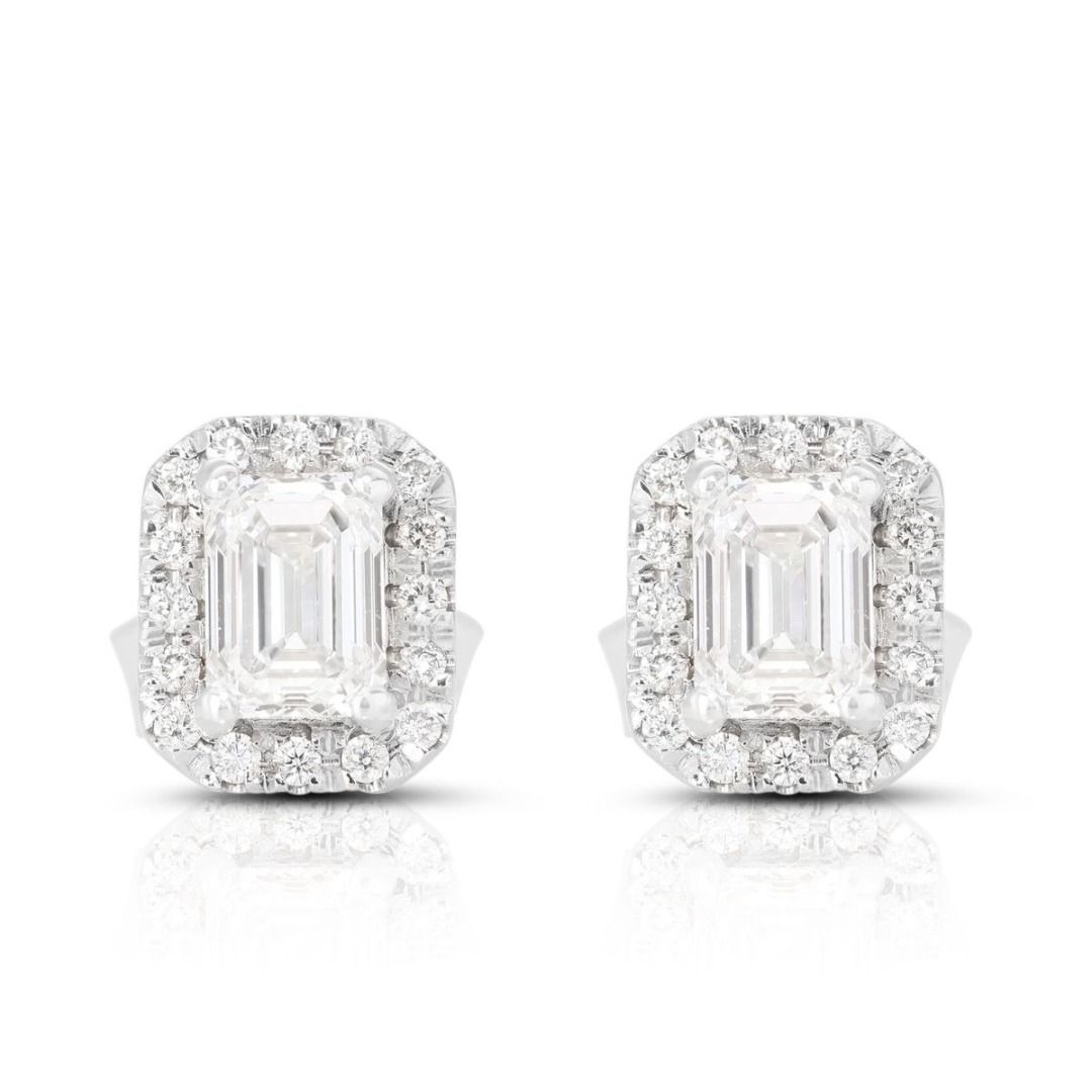 18K White Gold Stud Earrings with 0.93ct Emerald Cut Diamonds - GIA Certificate