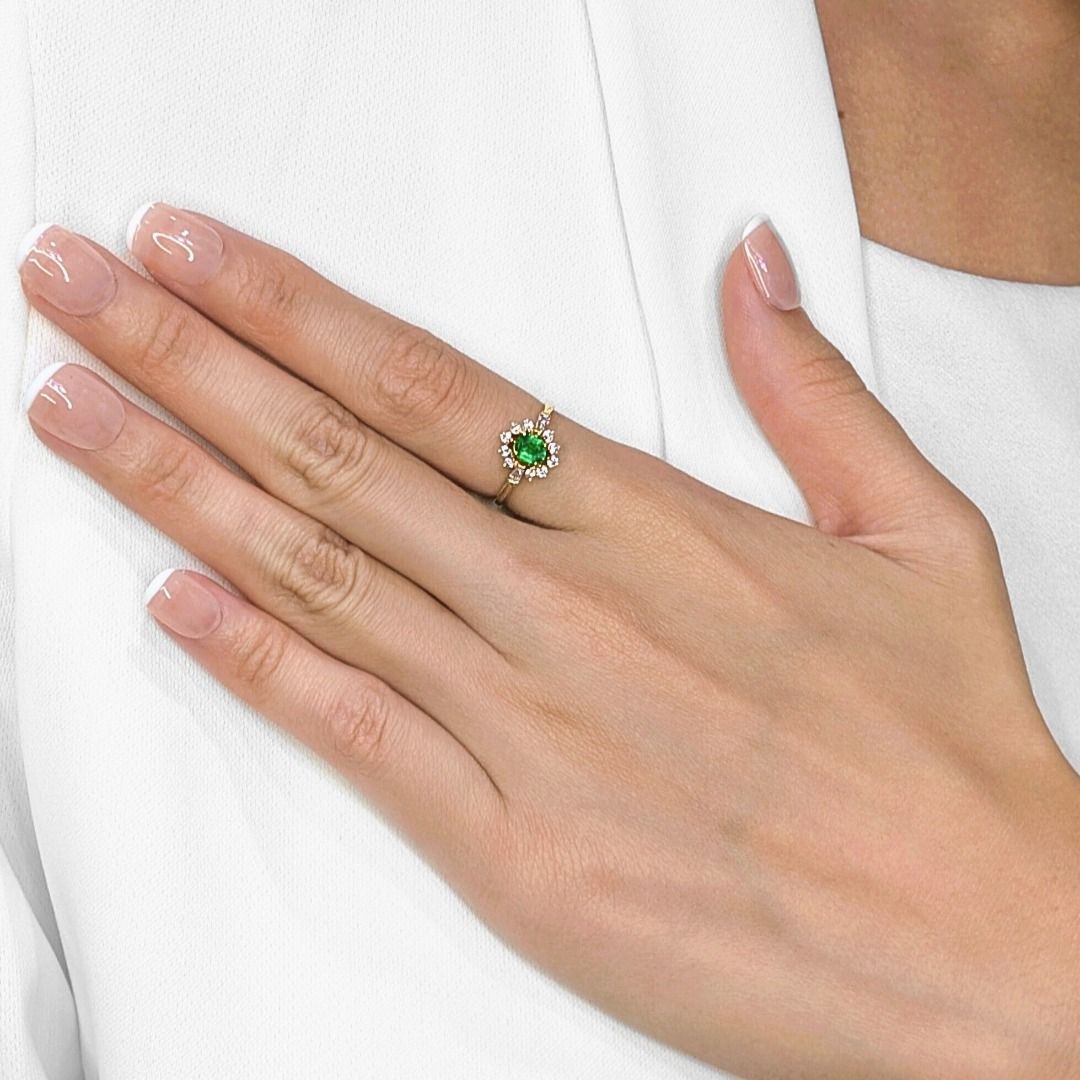 Radiant 0.48ct Emerald & Natural Diamond Halo Ring in 18K Yellow Gold