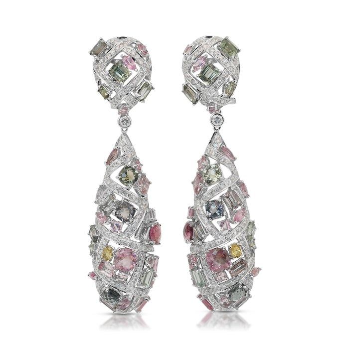 Captivating 24.53ct Tourmalines and Diamonds Drop Earrings in 18k White Gold - IGI Certified