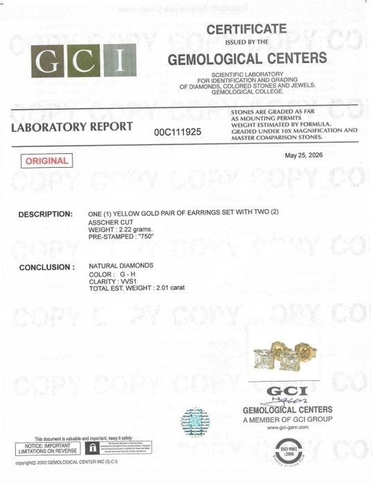 2.01 Carats GCI Certified Natural Diamond 18K Yellow Gold Stud Earrings