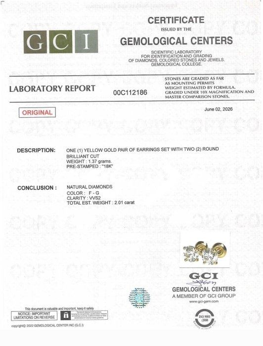 2.01 Carats GCI Certified Natural Diamond 18K Yellow Gold Stud Earrings