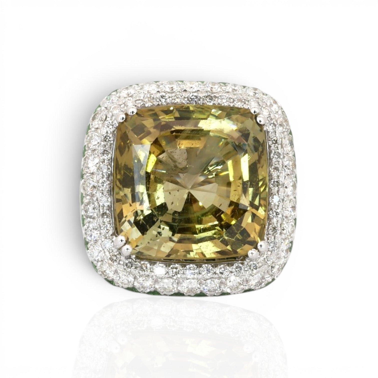 27.98 Carats IGI Certified Chrysoberyl, Tsavorites, and Diamonds 18k White Gold Cocktail Ring