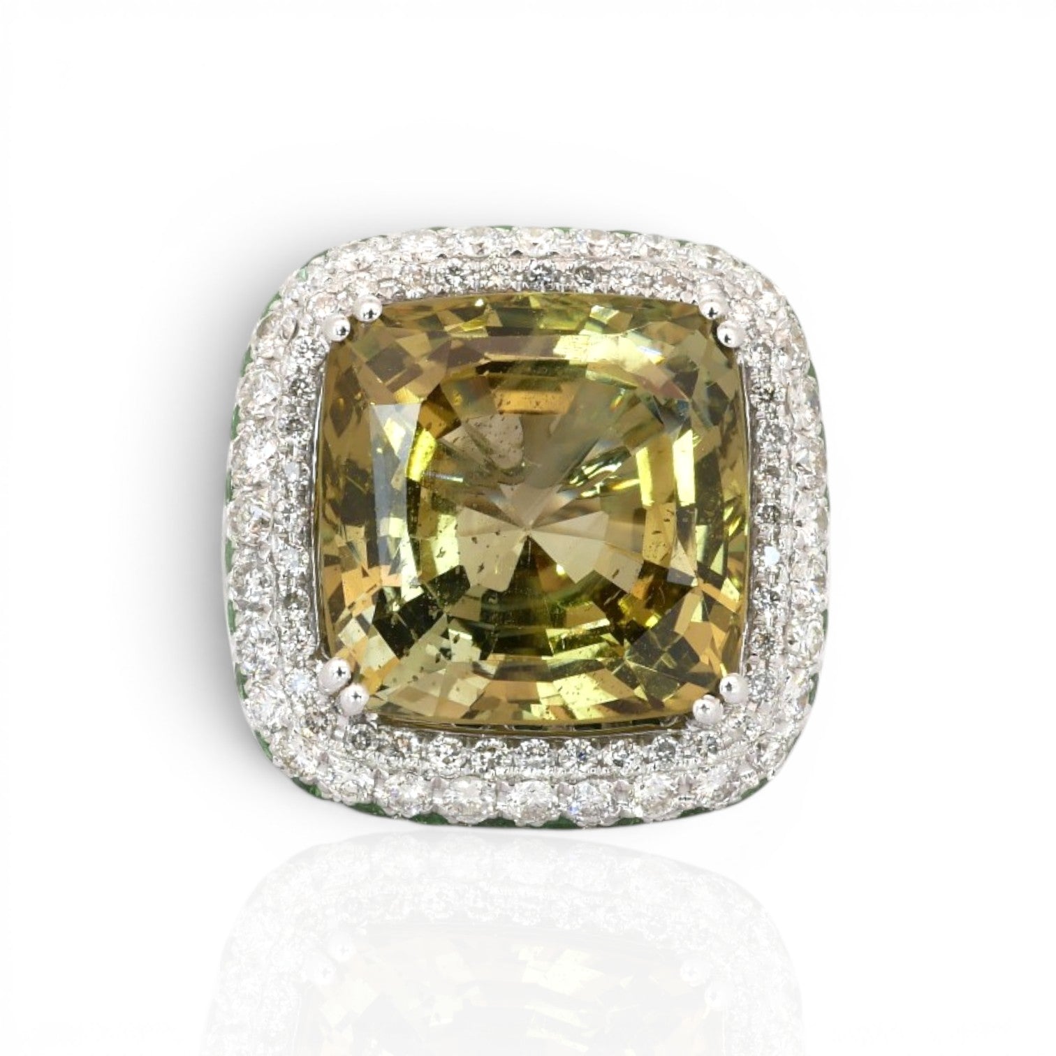 27.98 Carats IGI Certified Chrysoberyl, Tsavorites, and Diamonds 18k White Gold Cocktail Ring