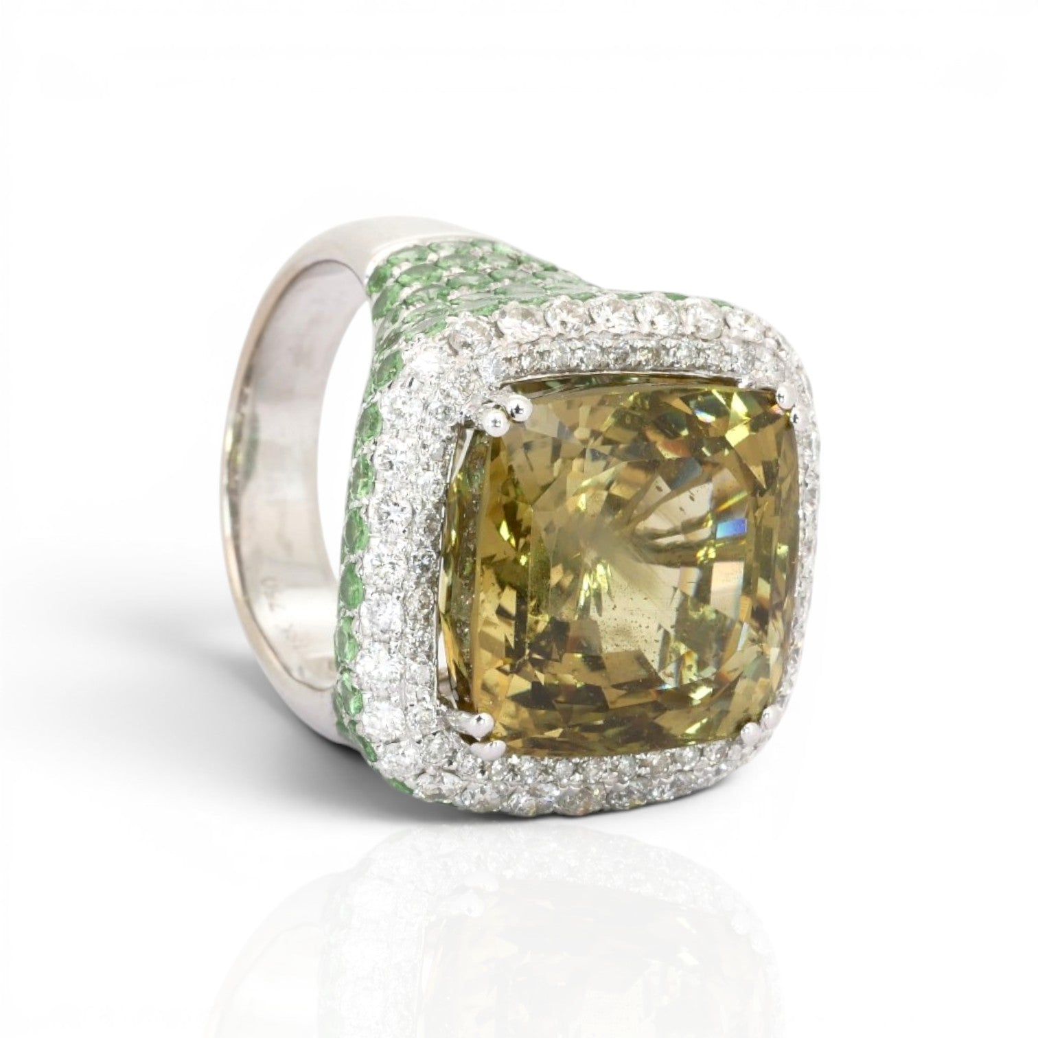 27.98 Carats IGI Certified Chrysoberyl, Tsavorites, and Diamonds 18k White Gold Cocktail Ring
