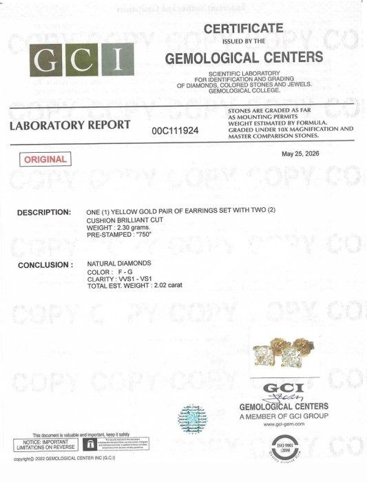 2.02 Carats GCI Certified Natural Diamond 18K Yellow Gold Stud Earrings
