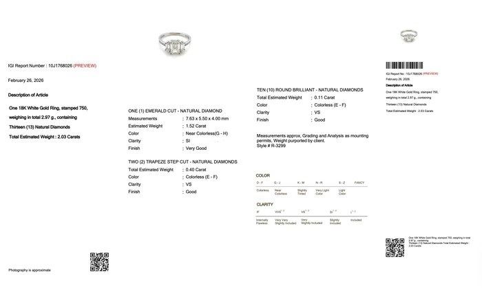 2.03 Carat IGI Certified 18K White Gold 3-Stone Ring
