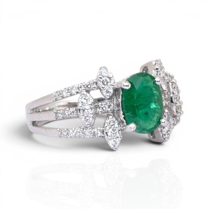 2.05 Carat IGI Certified Emerald And Natural Diamond 18K White Gold Cluster Ring