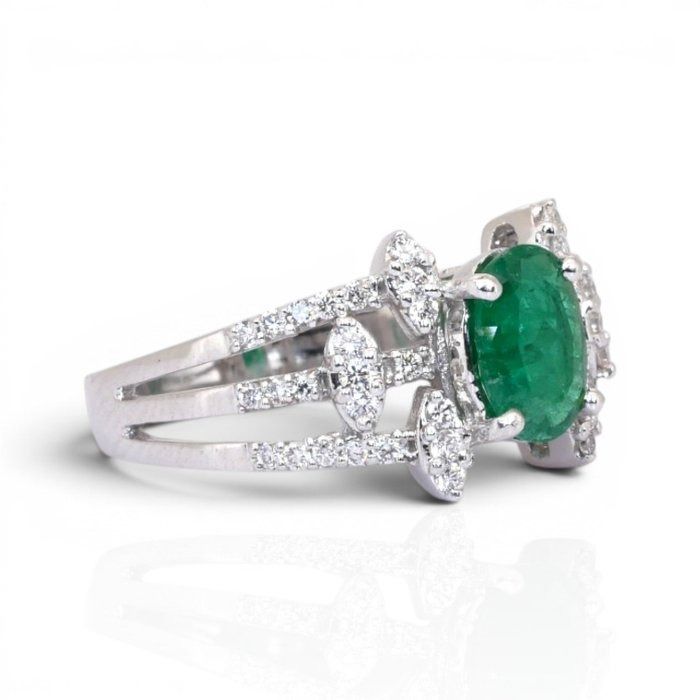 2.05 Carat IGI Certified Emerald And Natural Diamond 18K White Gold Cluster Ring